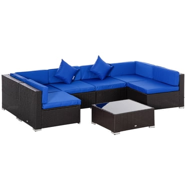 Outsunny 7 Pieces Patio Furniture Set with Cushions, PE Rattan Outdoor Conversation Set, Sectional Furniture Sofa Set with Glass Top Coffee Table and Pillows, for Garden, Lawn, Deck, Blue