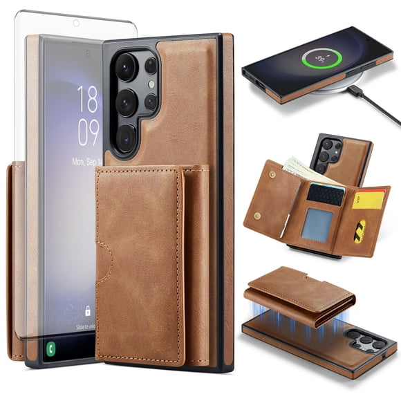 Asuwish Étui de Téléphone pour Samsung Galaxy S23 Ultra 5G Portefeuille Magnétique Détachable Couverture Cellulaire avec Recharge Sans Fil et Blocage RFID Porte-Cartes de Crédit à Rabat Support S23Ultra 23S S 23Ultra Femmes Hommes Brun