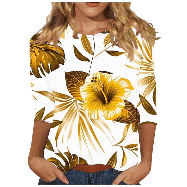 Tnhcen Chemises Décontractées à Manches 3/4 Imprimé Hawaïen pour Femmes Automne Col Rond - Tops Tropicaux Amicals Grande Taille P-3TG