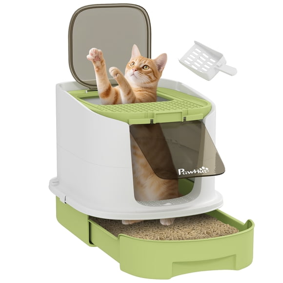PawHut Bac à Litière pour Chat, Enclos à Litière pour Minou Fermé avec Couvercle, Pelle, Vert