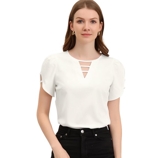 INSPIRE CHIC Blouse à Col Ras du Cou en V Découpé à Fente pour Femme, Décontractée, Poignets Froncés, Haut S Blanc