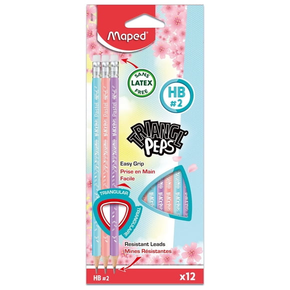 Maped - Triangl'Peps - Graphite Pencils with Eraser End - Decorated HB pencils with pastel colors - box of12 units
