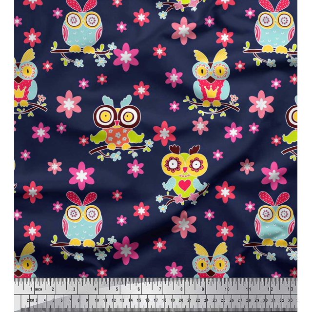 Soimoi Modal Satin Fabric Floral & Owl Cartoon Printed Fabric 1 Yard 42 Inch Wide