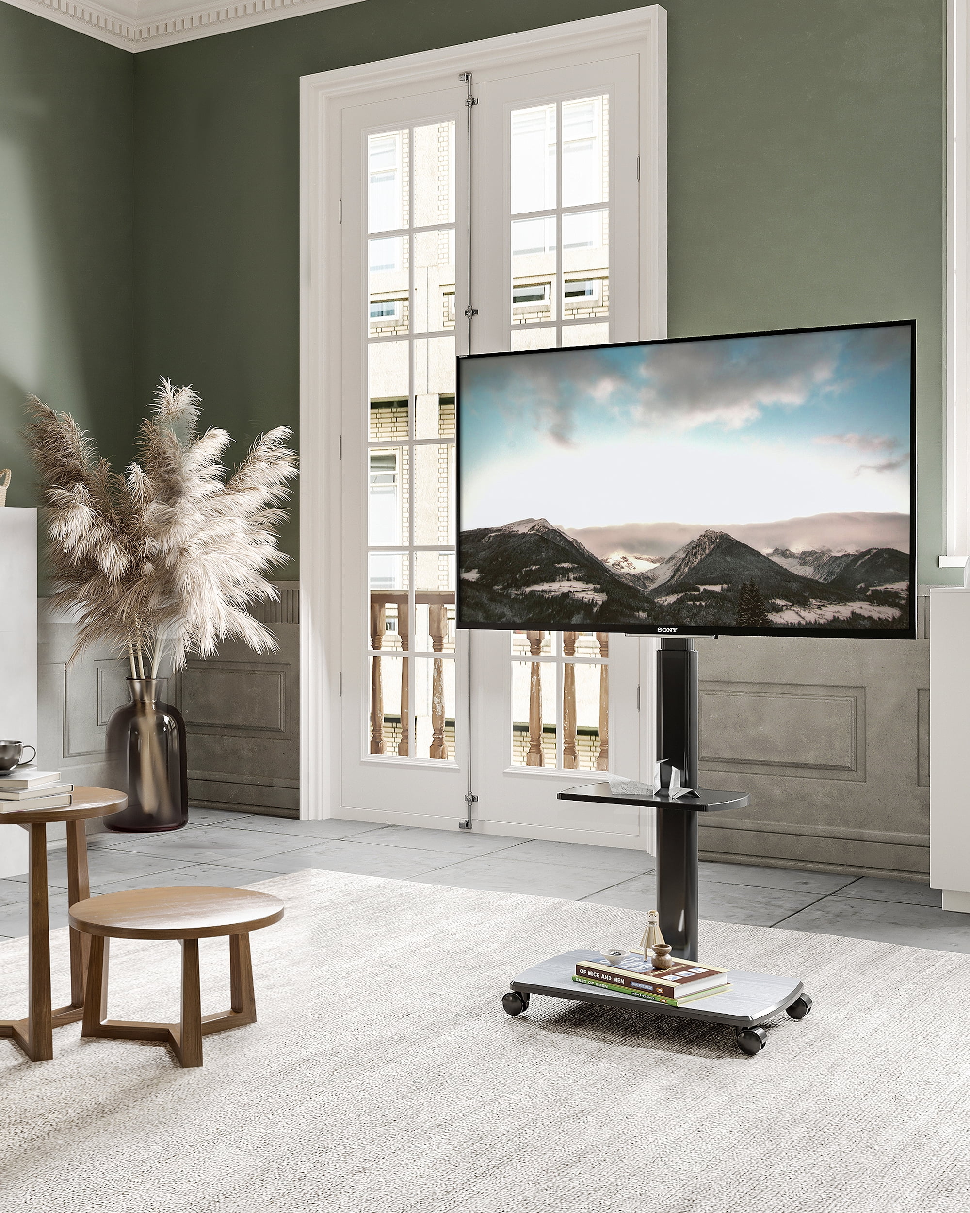FITUEYES 2 Shelves Metal Base Floor TV Stand for 32 to 65 inch Flat Curved Screen Television, 60 Degree Swivel Mount,Height Adjustable