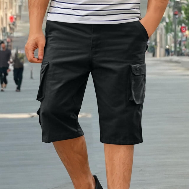 Sentmoon Mens Cargo Shorts Lightweight Drawstring Elastic Waist Swimsuit Multiple Pockets Straight Wide Leg Solid Color Basketball Shorts 2025 Summer Sport Male for Leisure Wear Black S