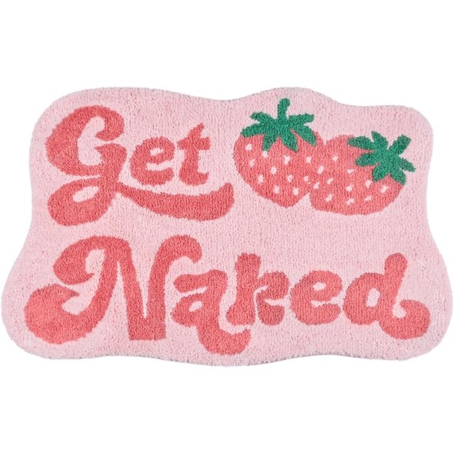 Yonchic Get Naked Bathroom Rugs, Soft Thick Microfiber Rug, Funny Cute Pink Strawberry Bath Mats, 20"x32" Water Absorbent Non Slip Washable Mat