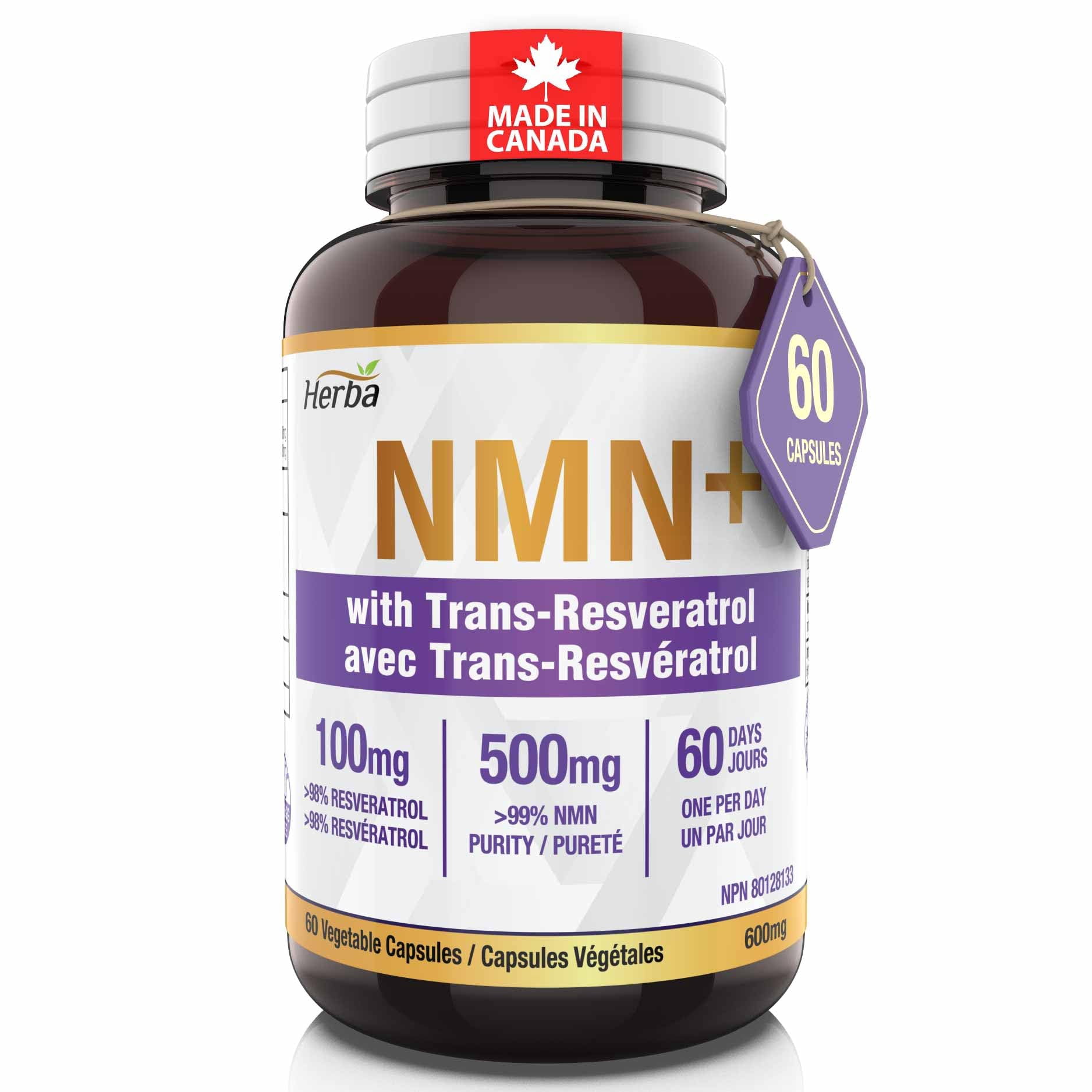 Herba NMN Supplement with Resveratrol 600mg - 60 Capsules | Made in Canada
