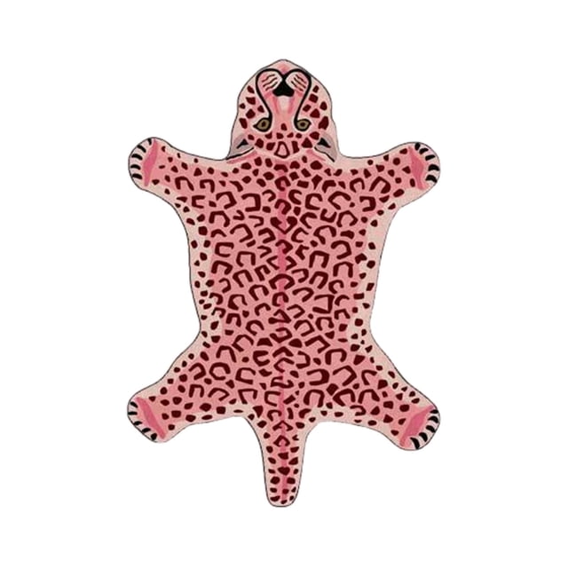 Sokhug Tiger Print Rug Cartoon Cute Faux Area Rugs Fluffy Lion Leopard Animal Print Mat Carpet, showcasing a pink leopard design with black and red spots, shaped like a stretched animal hide. This 30x18-inch accent rug is ideal for playrooms, bathrooms, or home decor. It features a non-slip rubber backing, is machine washable, and can also be used as a pet bed.