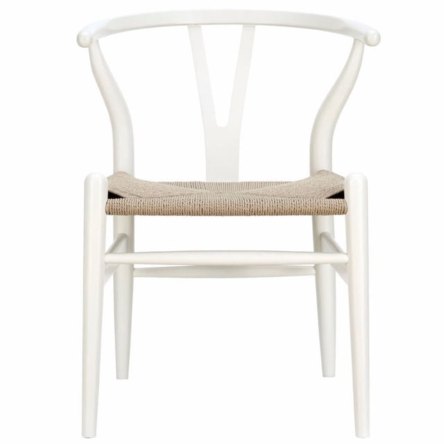 Nicer Furniture Chaises de Salle à Manger Style Wegner en Blanc (Ensemble de 2) Montrant une Vue avant d'Une Chaise en Bois Blanche avec un Dossier Courbé à Vapeur, un support en Forme de Y et un Siège en Corde de Papier Tressé Naturel, Format D22 x L20 x H29,5 Pouces, Idéal pour les Repas Ou les Sièges Occasionnels dans les Cuisines et Salles à Manger Modernes.