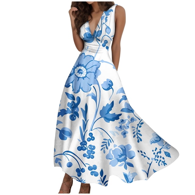 TJAZFJPA Robe Bohème Mode Femme Printemps et Été Imprimée Sans Manches Col en V Fermeture Éclair Latérale Style Robe (5) Robe Tube Robe Formelle Robe Maxi
