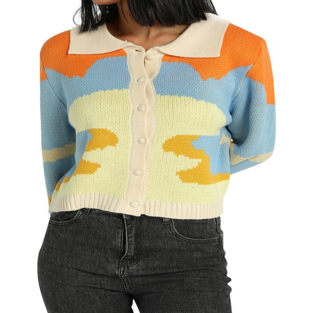 Women‘s Button Down Sweater Crop Tops Long Sleeve Color Block Knit Cardigan Lapel Spring Fall Outwear