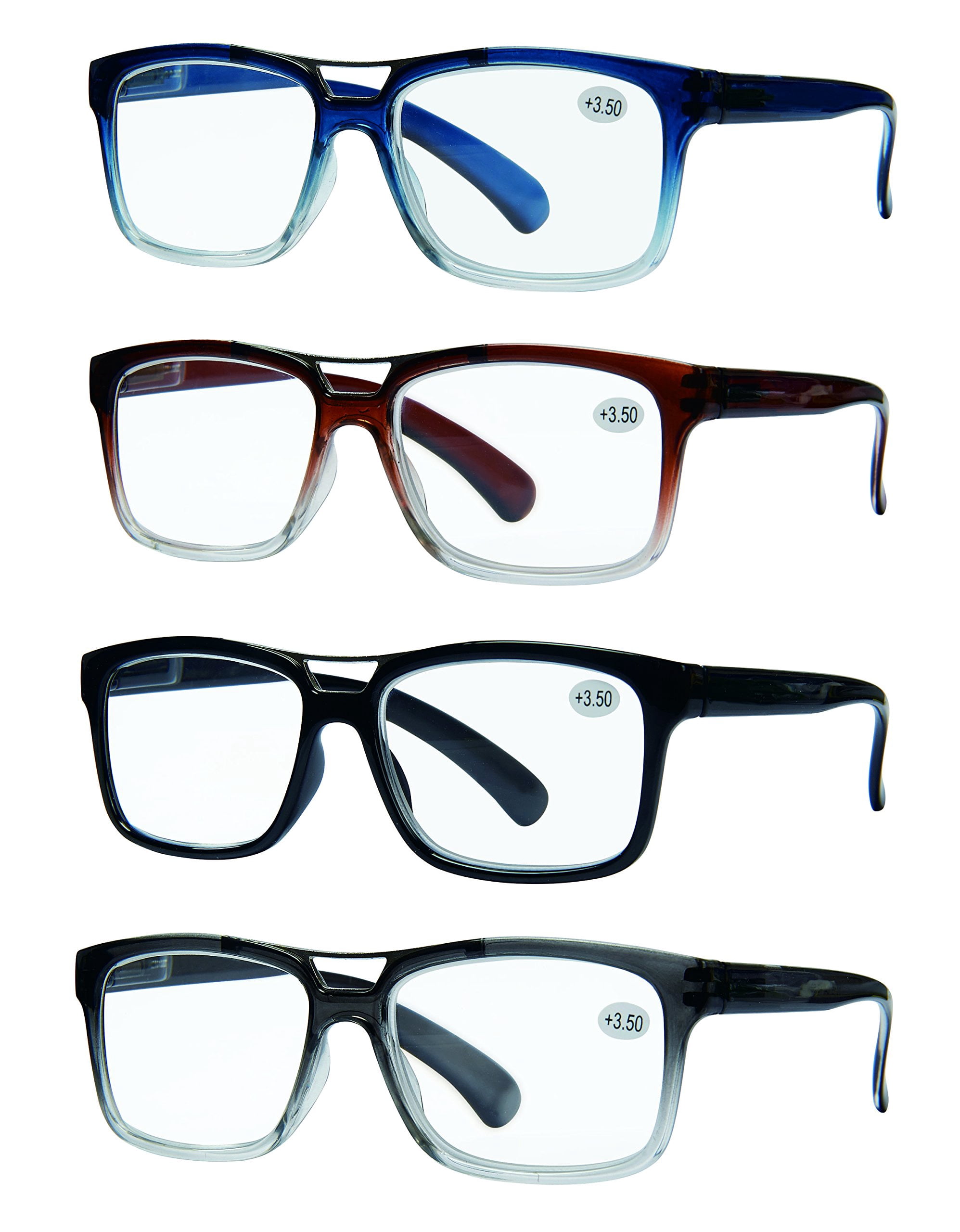 Success Eyewear READING GLASSES Set of 4 Best Value Top Bar Style Quality Reading Glasses for Men Set of Black, Blue, Brown, Grey 3.25