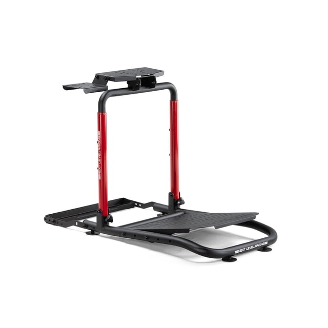 Next Level Racing Wheel Stand Lite 2.0 with black and red steel frame, adjustable pedal plate, and gear shifter mount, designed for compact sim racing setups compatible with entry-level racing wheels and pedals.