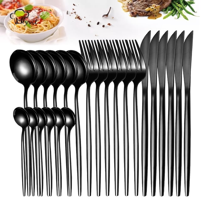 Myvit Black Dinnerware Set 24pcs Kitchen Flatware Tableware, a modern black stainless steel cutlery set with mirror-polished finish. Includes knives, forks, spoons, and teaspoons for service for 6. Durable, rust-resistant, and dishwasher safe, ideal for everyday use and formal occasions.