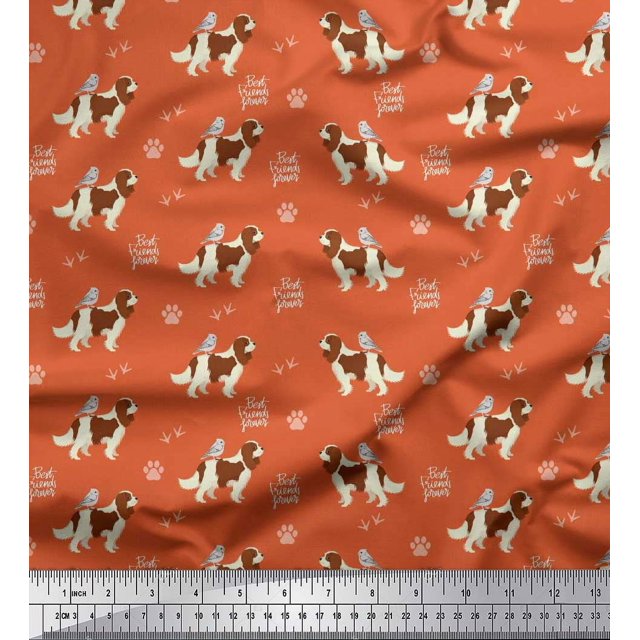 Soimoi Orange polyester Crepe Fabric Bird,Paw & Cocker Spaniel Dog Print Fabric by Yard 42 Inch Wide