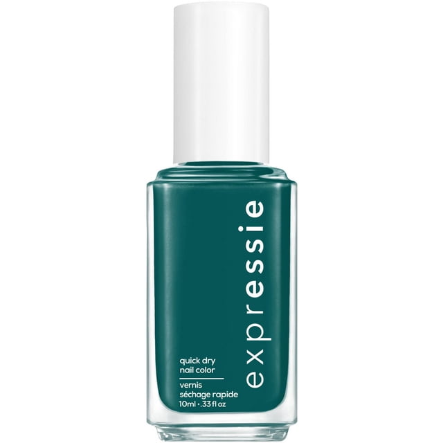 essie expressie quick-dry nail polish in a teal green cream finish, in a clear rectangular glass bottle with a white cap and vertical white text, featuring a patented angled brush for easy application and a fast-drying formula that dries in about a minute for one-step nail color without base or top coat