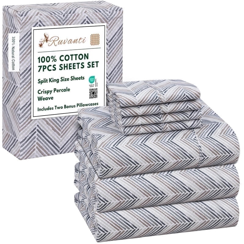 RUVANTI 7 Pcs Cotton Sheets - 100% Natural Cotton Soft, Lightweight & Breathable Crispy Percale Bed Sheets, Split King Sheets for Adjustable Bed 16" Deep Pockets, Inverted Streak