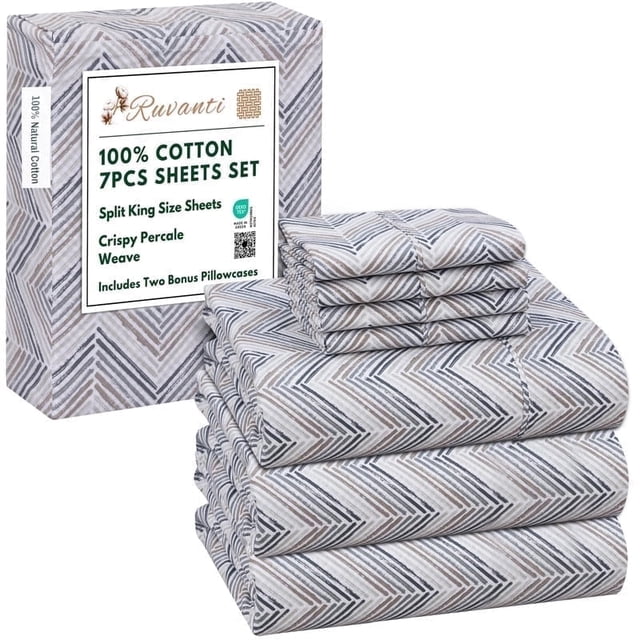 RUVANTI 7 Pcs Cotton Sheets - 100% Natural Cotton Soft, Lightweight & Breathable Crispy Percale Bed Sheets, Split King Sheets for Adjustable Bed 16" Deep Pockets, Inverted Streak