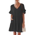 thumbnail image 2 of Robes Décontractées pour Femmes Robe Mini Mignonne à Col en V avec Poche Robe à Manches Courtes à Volants Robes d'Été de Plage pour Dames, 2 of 7