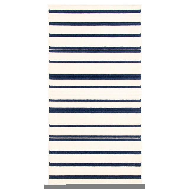 ECARPET Indoor/Outdoor for Balcony, Patio and Garden Arthur Blue, Ivory Rug with a rectangular shape featuring horizontal blue stripes on an ivory background, crafted from durable materials for indoor and outdoor use including patios and balconies, suitable for busy areas and family-friendly settings.