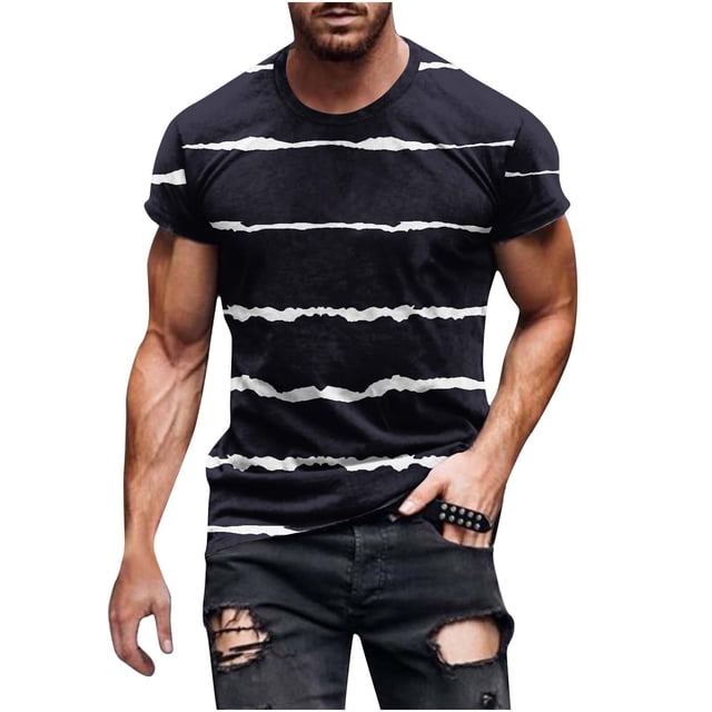 HKEJIAOI Chemise pour Homme Noir Blanc Décontractée en Spandex Rayée T-Shirts à Col Rond Basique Chandail Rayé Homme