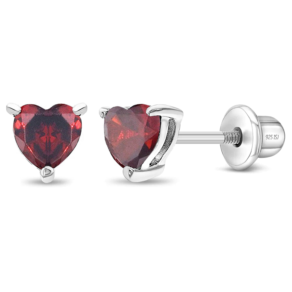 CZ Heart Solitaire Simulated Garnet Earrings Screw Back - Sterling Silver
