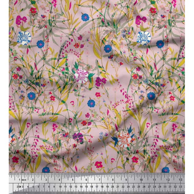 Soimoi Pink Poly Georgette Fabric Leaves & Floral Printed Fabric 1 Yard 52 Inch Wide