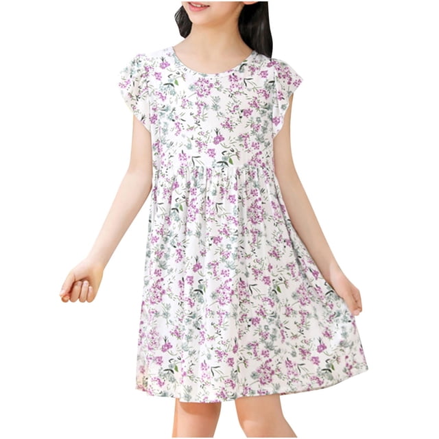 Robe d'Été pour Fille à Manches à Volants, Décontractée et Fluide, Robe Tunique Évasée à Motif Floral, Robe Chemise, Robe d'Été 3-15 Ans