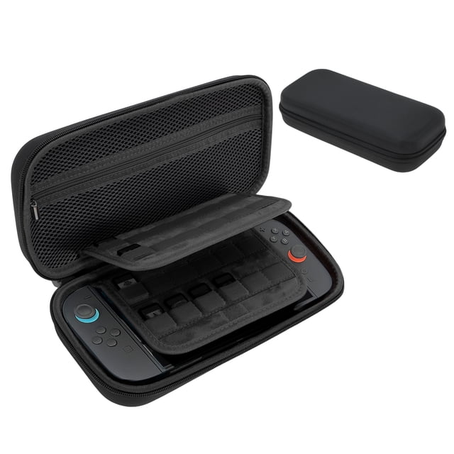 Unique Bargains Case for Switch 2, a black carrying case with a durable EVA shell and soft interior, offering protection for Nintendo Switch and OLED consoles. Includes 24 game card slots, custom grooves for accessories like AC adapter and joypad, and ample space for travel essentials. Comes with an extra pad for secure storage.