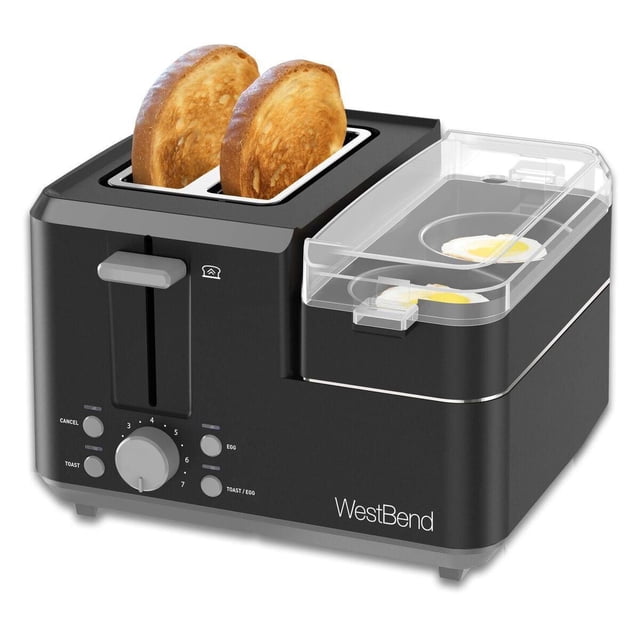 West Bend 78500BK43CA Egg & Muffin Toaster in black, featuring dual bread slots and an integrated egg cooker with a transparent lid. Ideal for making breakfast sandwiches, it toasts bread, English muffins, bagels, or croissants while simultaneously poaching, boiling, or scrambling eggs and reheating precooked meats like sausage or Canadian bacon. Includes adjustable settings and dishwasher-safe removable parts for easy cleanup.