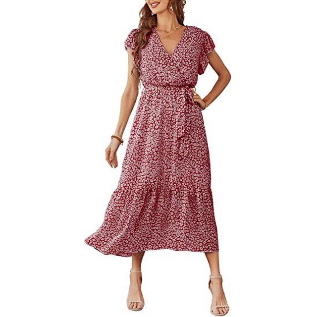 Women's Floral Boho Dress Wrap V Neck Short Sleeve Belted Ruffle Hem A-Line Flowy Maxi Dresses