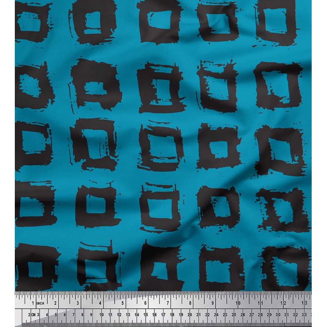 Soimoi Blue Modal Satin Fabric Square Geometric Decor Fabric Printed Yard 42 Inch Wide