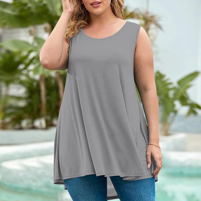 AherBiu Débardeurs d'Été Grande Taille pour Femmes Coupe Ample Col Rond Sans Manches Ourlet Fluide Mode Basique T-Shirt