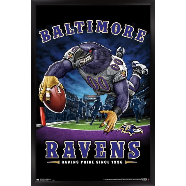 NFL Baltimore Ravens - Affiche Murale End Zone 17 Représentant une Mascotte de Corbeau Violet en Maillot Blanc avec Numéro 00 Plongeant pour Marquer un Touché sur un Terrain de football Vert avec des Joueurs et une Foule de Stade en Arrière-Plan, Encadrée en Noir avec Texte de Corbeau de Baltimore et logo d'Équipe, Mesurant 14,725 par 22,375 Pouces, Idéale pour Décorer des Pièces à Thème Sportif Ou des Espaces pour Amateurs.