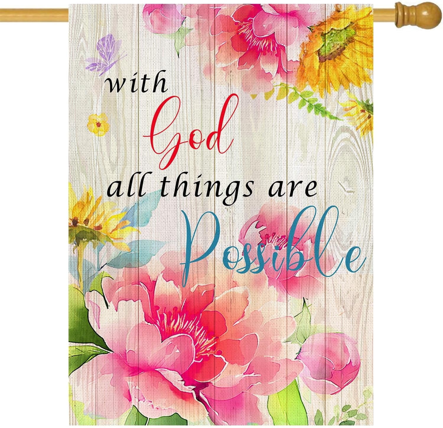 With God All Things Are Possible Spring Summer Floral Garden Flag 28x40 Inch, Double Sided Welcome Garden Flag, Peony flowers Butterfly Outdoor Outside Patio Farmhouse Lawn Yard Decoration
