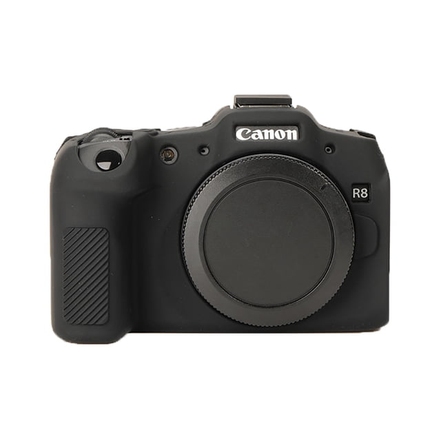 GadgetCom Camera Case Compatible with Canon EOS R8, a black soft silicone protective cover designed for camera accessories. The case is form-fitting, ensuring full access to buttons, dials, and ports while providing an anti-slip textured grip for secure handling. Protects against scratches, dust, and minor bumps.