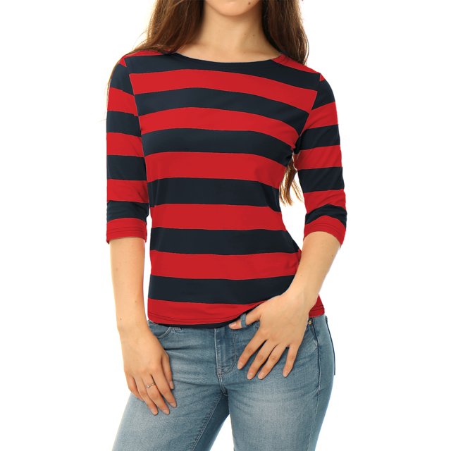 INSPIRE CHIC Chemises Rayées pour Femmes Coupe Ajustée Manches au Coude T-Shirt à Encolure Bateau L Rouge Bleu
