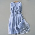 thumbnail image 2 of Pisexur Robes d'Été pour Femmes Mode Bohème à Imprimé Floral Robe Maxi Tunique Décontractée Taille Élastique Robe Soleil Col Rabattu Boutonnée Longue Robe Manches 3/4 Col en V Fluide Coton Lin Robe de Plage, 2 of 7