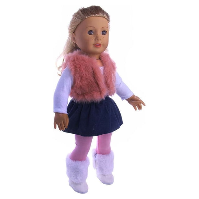 LOVEVER Ensemble de Tenue de Poupée Robe Vêtements Accessoires Lot pour Poupées de 18 Pouces, Comprenant un Gilet en Peluche Rose, un Haut Blanc à Manches Longues, une Jupe Bleu Marine, des Collants Roses et des Bottes Bordées de Fourrure Blanche. Fabriqué en Doux Mélange de Coton, Sûr et Non Toxique, Conçu pour s'Habiller Facilement. Convient aux Poupées de 18 Pouces (45-46 cm) comme Our Generation et My Life. Comprend Plusieurs styles pour Diverses Scènes de Poupée.