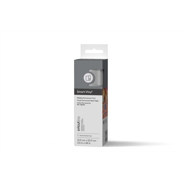 Cricut Joy™ Smart Vinyl™ Matless Permanent Vinyl in silver, packaged in a gray and white box measuring 5.5 in x 48 in (13.9 cm x 121.9 cm), designed for use with Cricut Joy machines and suitable for craft vinyl and die cutting projects.