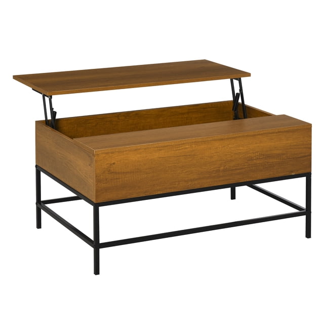 HOMCOM Lift Top Coffee Table with Hidden Storage Compartment featuring a teak finish and black metal legs. The adjustable tabletop lifts to create a floating desk, revealing a spacious hidden storage compartment. Made from durable particle board and metal, ideal for living rooms, offices, or small spaces requiring multifunctional furniture.
