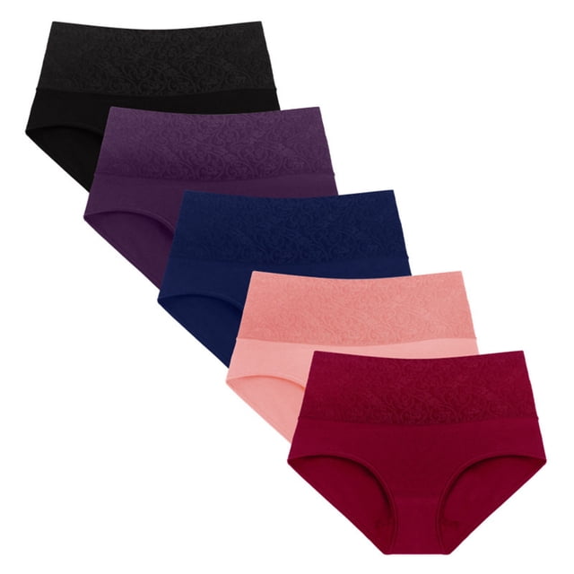 cfhntfmh 5pc Womens Cotton Underwear Stretchy High Waisted Plus Size Panties Breathable Solid Color Full Coverage Briefs