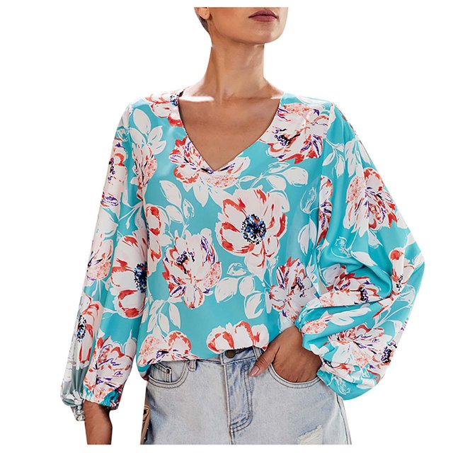 Pompotops Mode Dames Décontracté Manches Longues Col en V Blouse Femme T-Shirt Imprimé