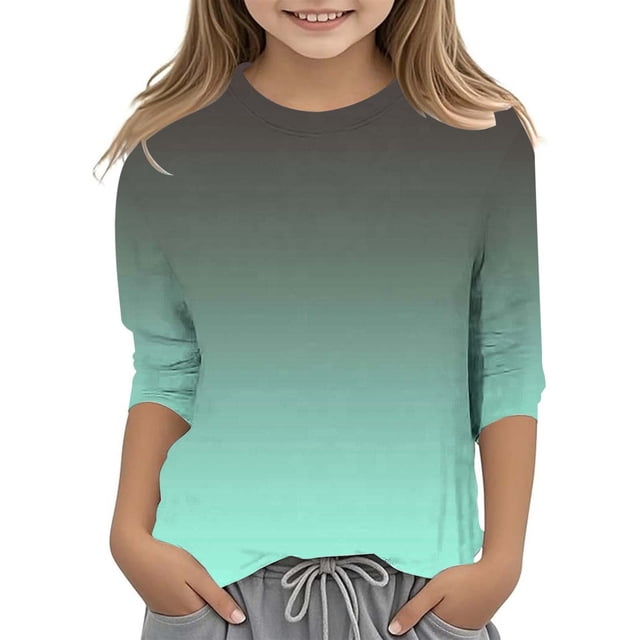 WEIYLL T-Shirts pour Filles Dégradé Imprimé Polyvalent Col Rond Manches 3/4 Hauts Décontractés pour Enfants de 9-10 Ans