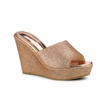 BLISSFUL STEP Women's Glitter Wedge Slide Sandals Open Toe Platform Mules Rose Gold 8.5