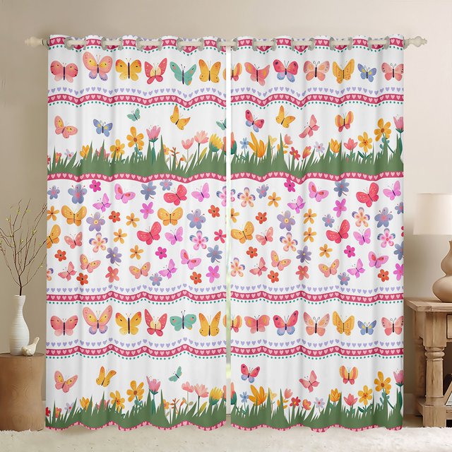 Erosebridal Rideaux Papillons Dessin Animé Lot de 2 (42x63), Rayures de Fleurs Rideaux Occultants 30 %-50 %, Décoration Kawaii