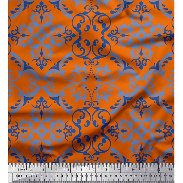 Soimoi Orange polyester Crepe Fabric Vector Design Damask Print Fabric by the Yard 42 Inch Wide