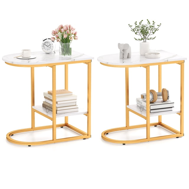 Gymax 2 Pcs Table d'Appoint en C Compacte à 2 Niveaux Table de Bout de Rangement pour Petit Espace Blanc