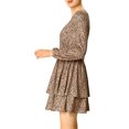 thumbnail image 4 of INSPIRE CHIC Women's Leopard Long Sleeve Smock Layered Ruffle Hem Dress Light Brown M, 4 of 6