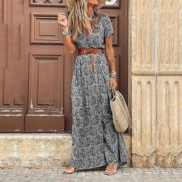 Mefallenssiah Women'S Casual Loose Printed Short Sleeve V-Neck Belt Dress